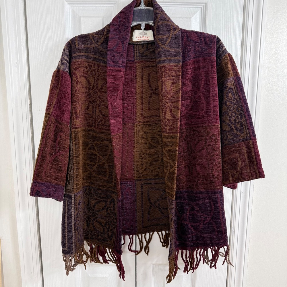 Calzeat Scotland Celtic Wool Blend Tapestry Cardigan Jacket Boho Lagenlook